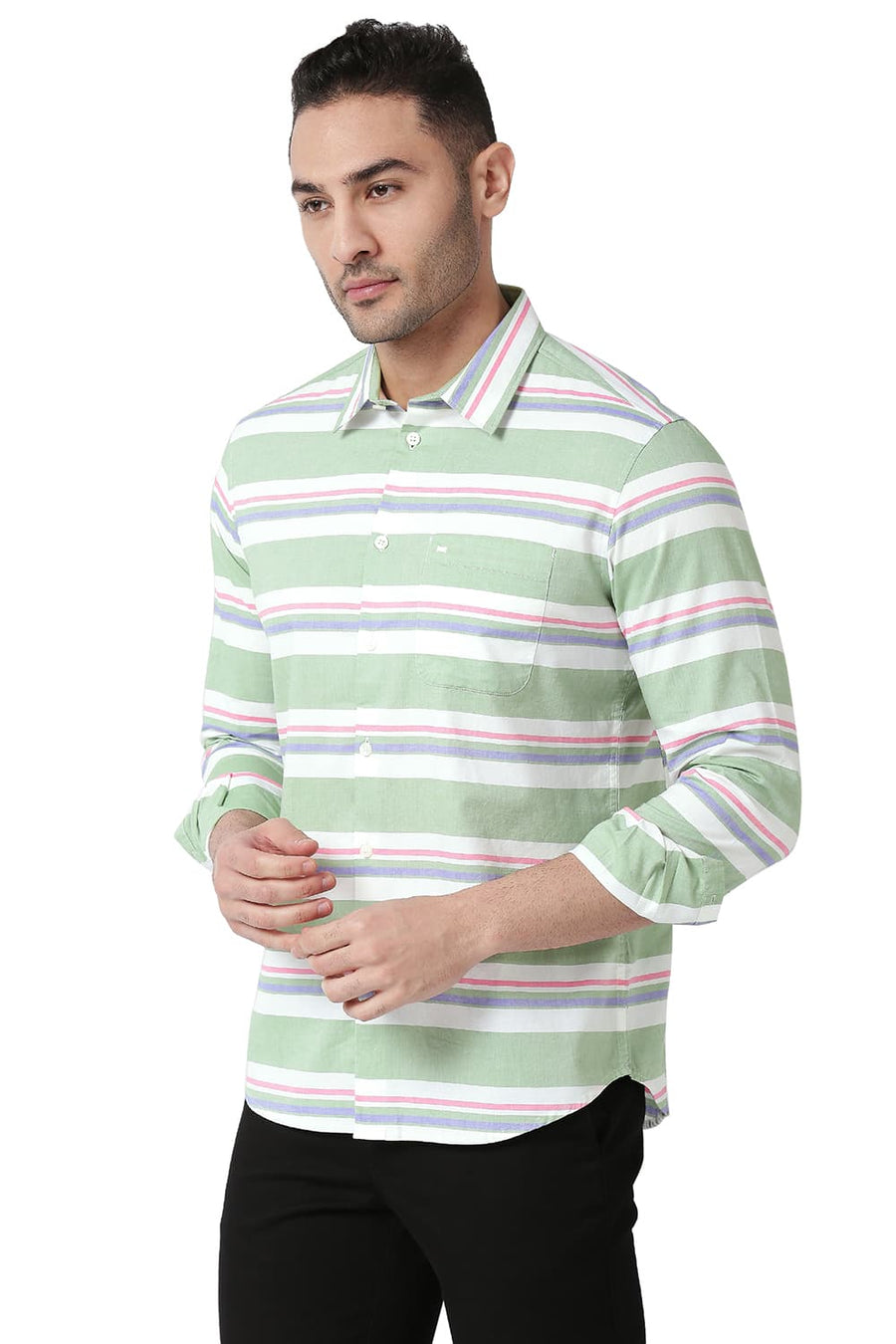 BASICS SLIM FIT LAUREL GREEN COTTON OXFORD WEFT STRIPE SHIRT