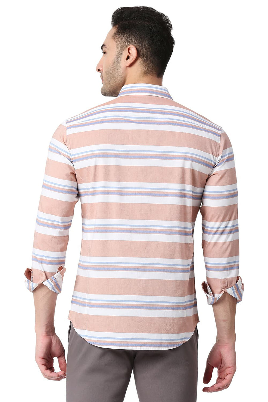 BASICS SLIM FIT CREME BROWN COTTON OXFORD WEFT STRIPE SHIRT