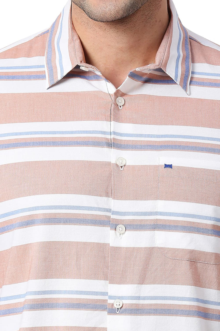 BASICS SLIM FIT CREME BROWN COTTON OXFORD WEFT STRIPE SHIRT