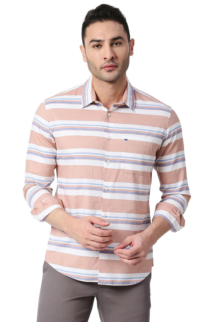 BASICS SLIM FIT CREME BROWN COTTON OXFORD WEFT STRIPE SHIRT