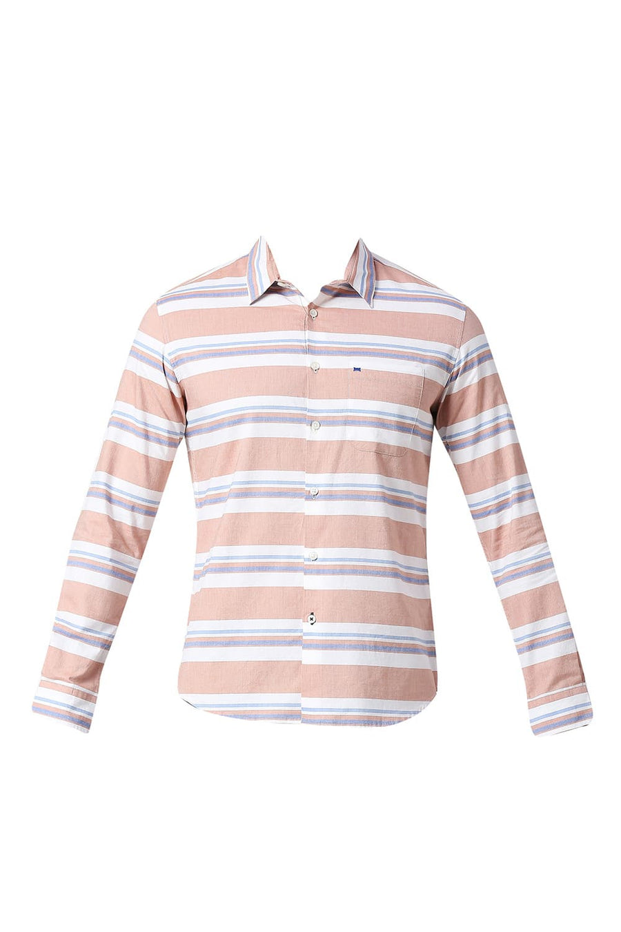 BASICS SLIM FIT CREME BROWN COTTON OXFORD WEFT STRIPE SHIRT