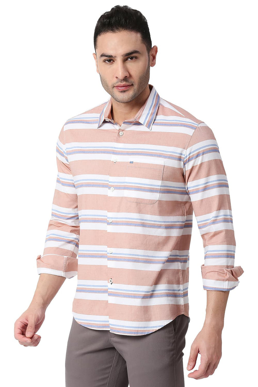 BASICS SLIM FIT CREME BROWN COTTON OXFORD WEFT STRIPE SHIRT