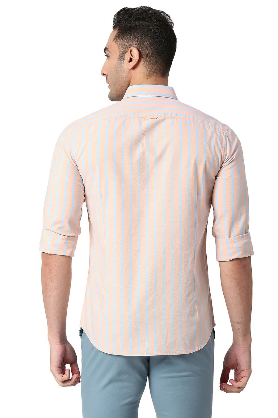 BASICS SLIM FIT SUNSET ORANGE COTTON OXFORD STRIPE SHIRT