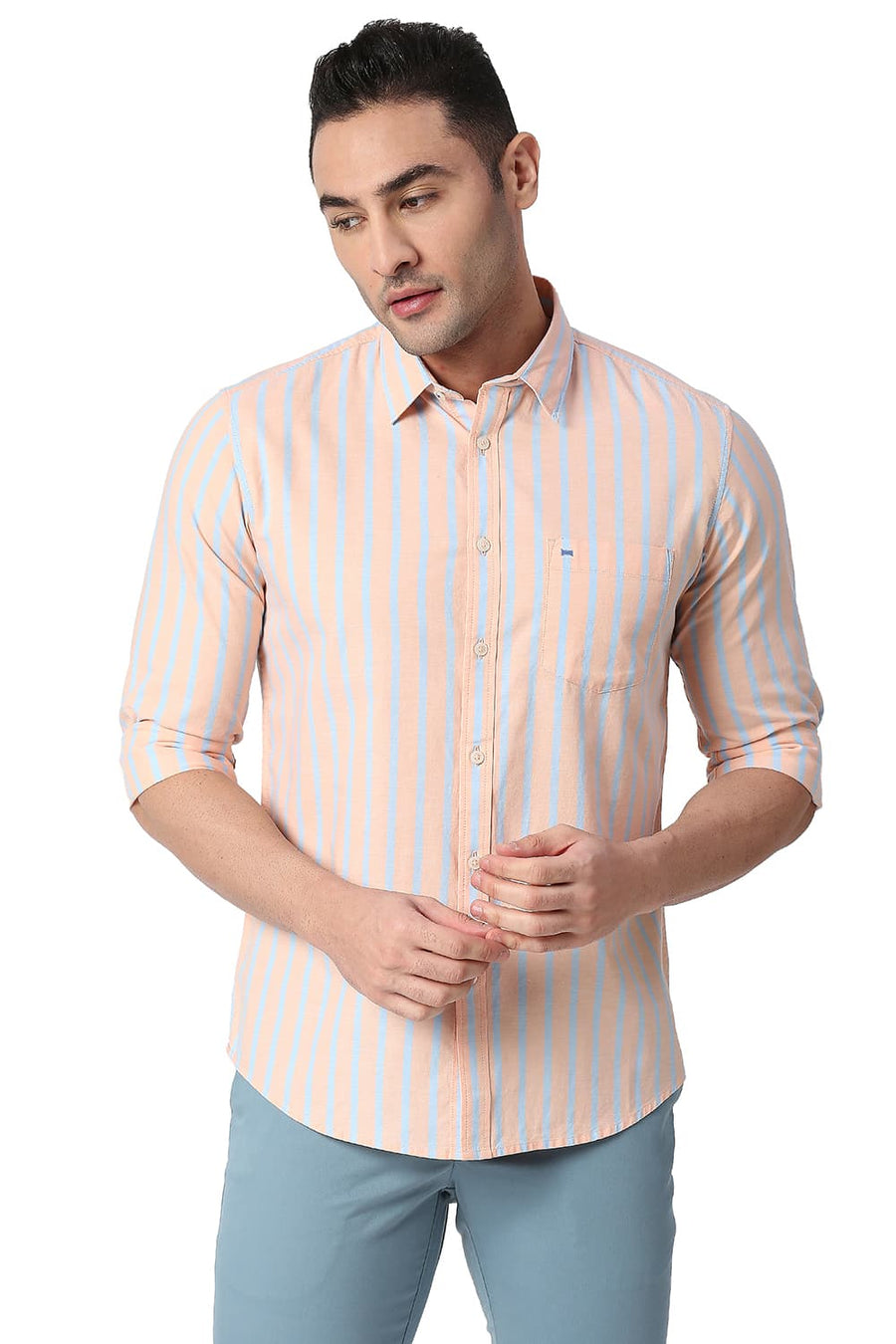 BASICS SLIM FIT SUNSET ORANGE COTTON OXFORD STRIPE SHIRT