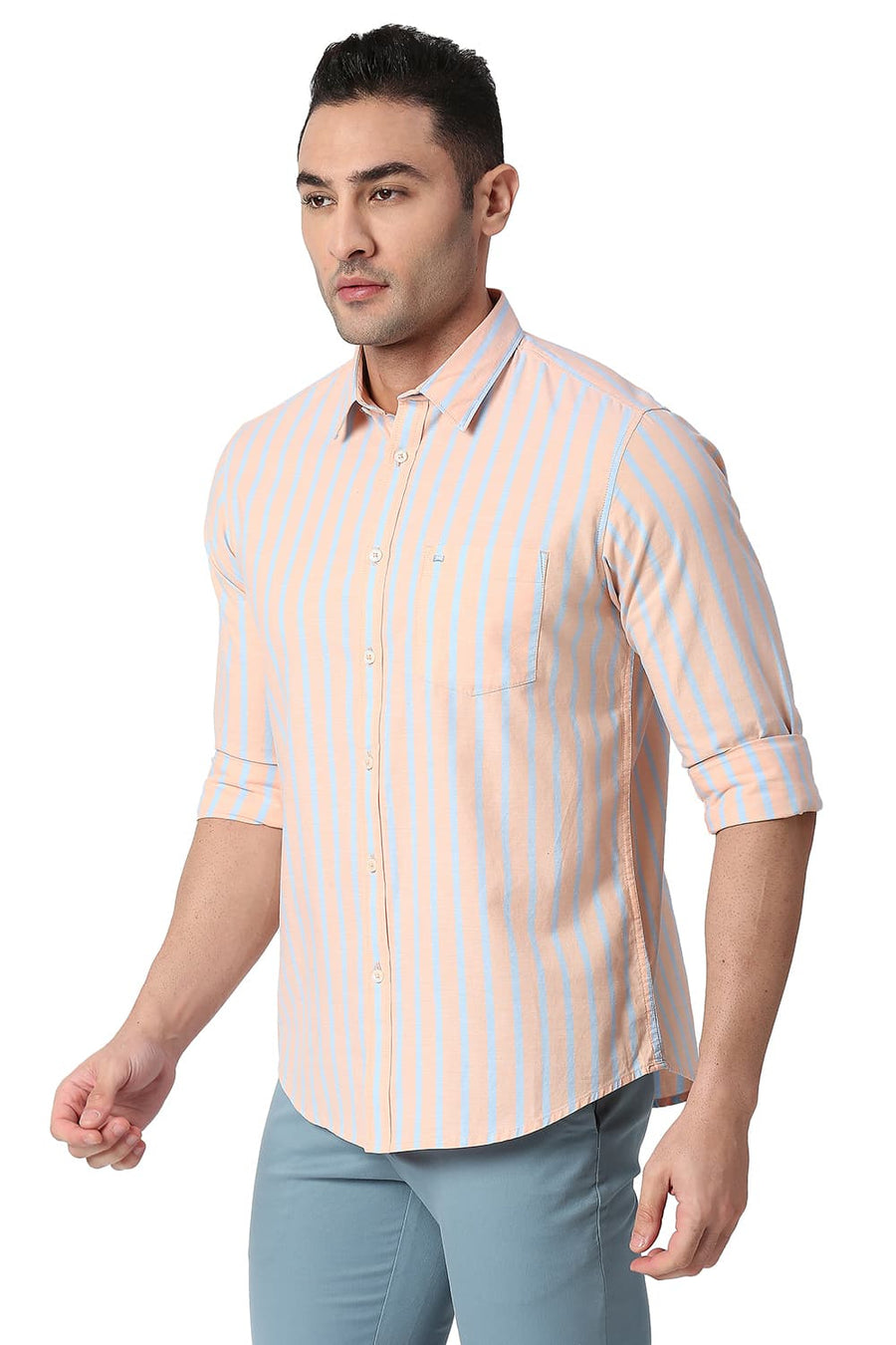 BASICS SLIM FIT SUNSET ORANGE COTTON OXFORD STRIPE SHIRT