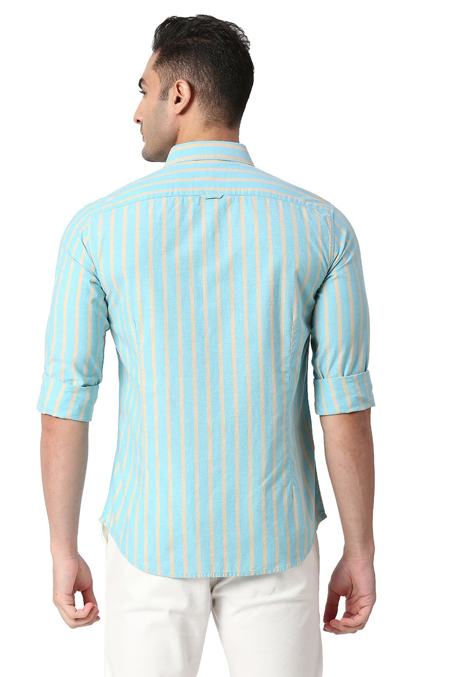 BASICS SLIM FIT AQUA SKY COTTON OXFORD STRIPE SHIRT