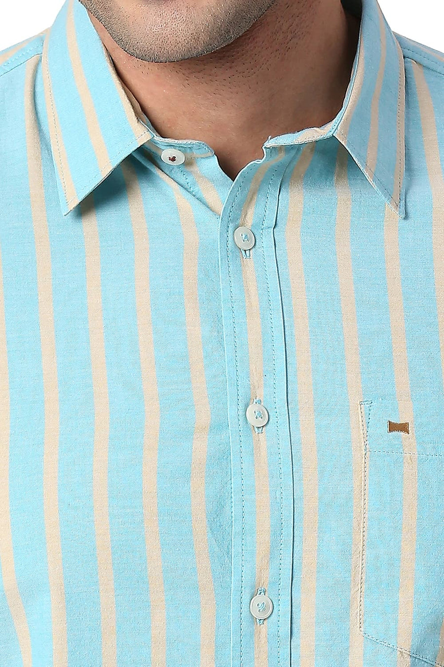BASICS SLIM FIT AQUA SKY COTTON OXFORD STRIPE SHIRT