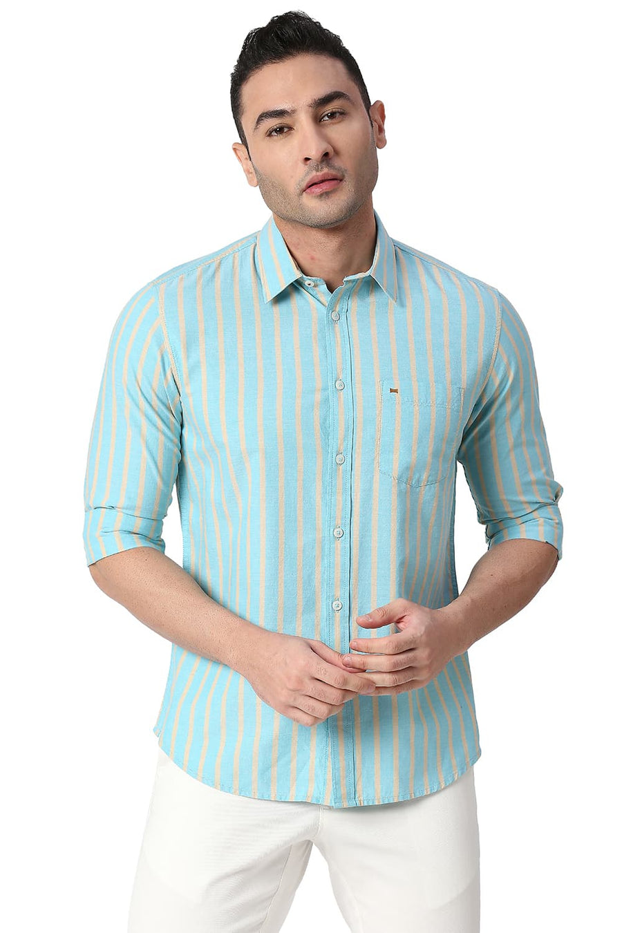 BASICS SLIM FIT AQUA SKY COTTON OXFORD STRIPE SHIRT