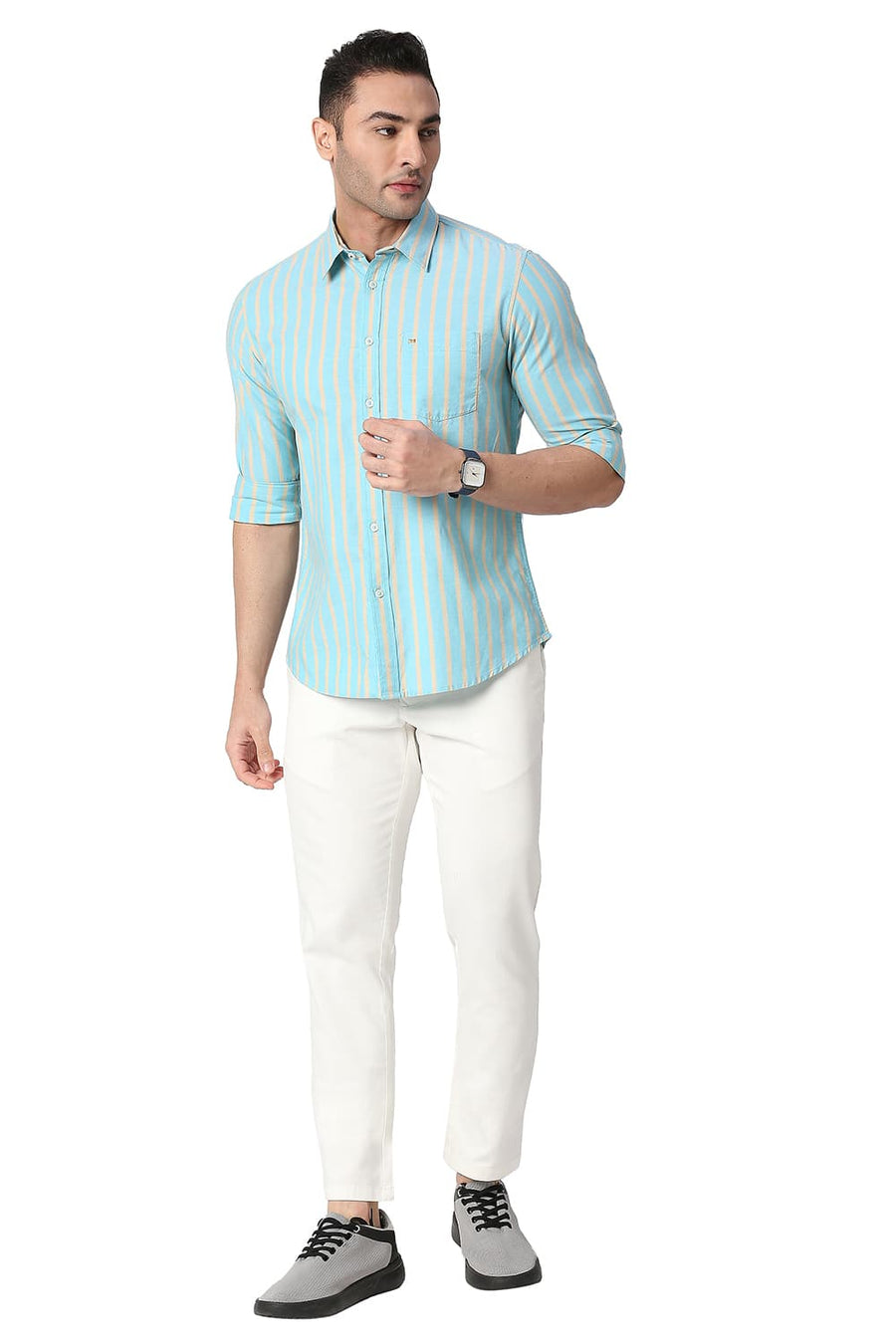 BASICS SLIM FIT AQUA SKY COTTON OXFORD STRIPE SHIRT