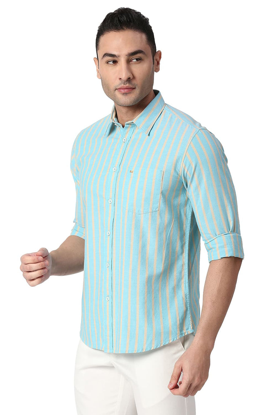 BASICS SLIM FIT AQUA SKY COTTON OXFORD STRIPE SHIRT