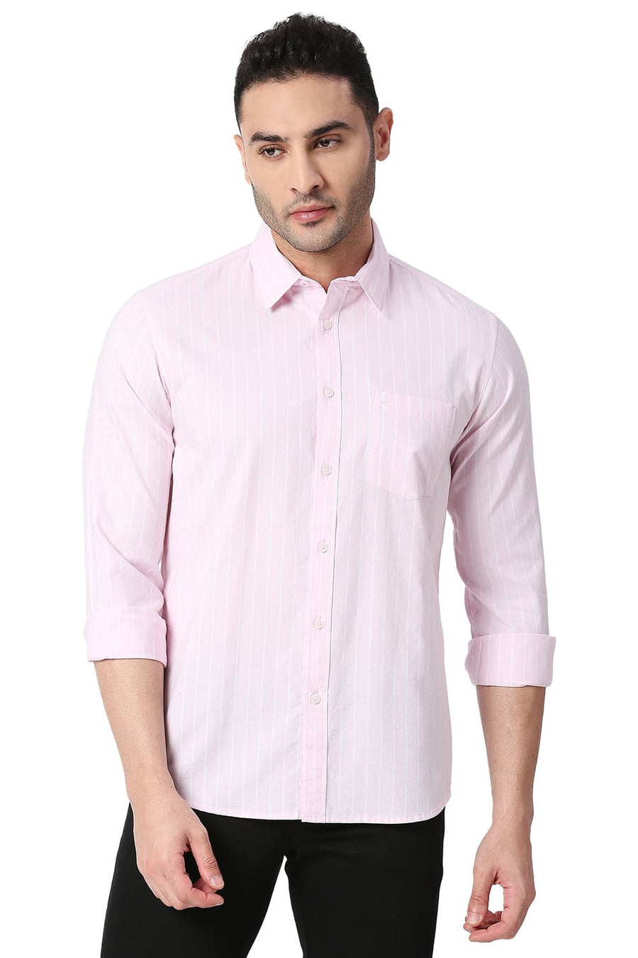 BASICS SLIM FIT PINK MIST COTTON OXFORD STRIPE SHIRT