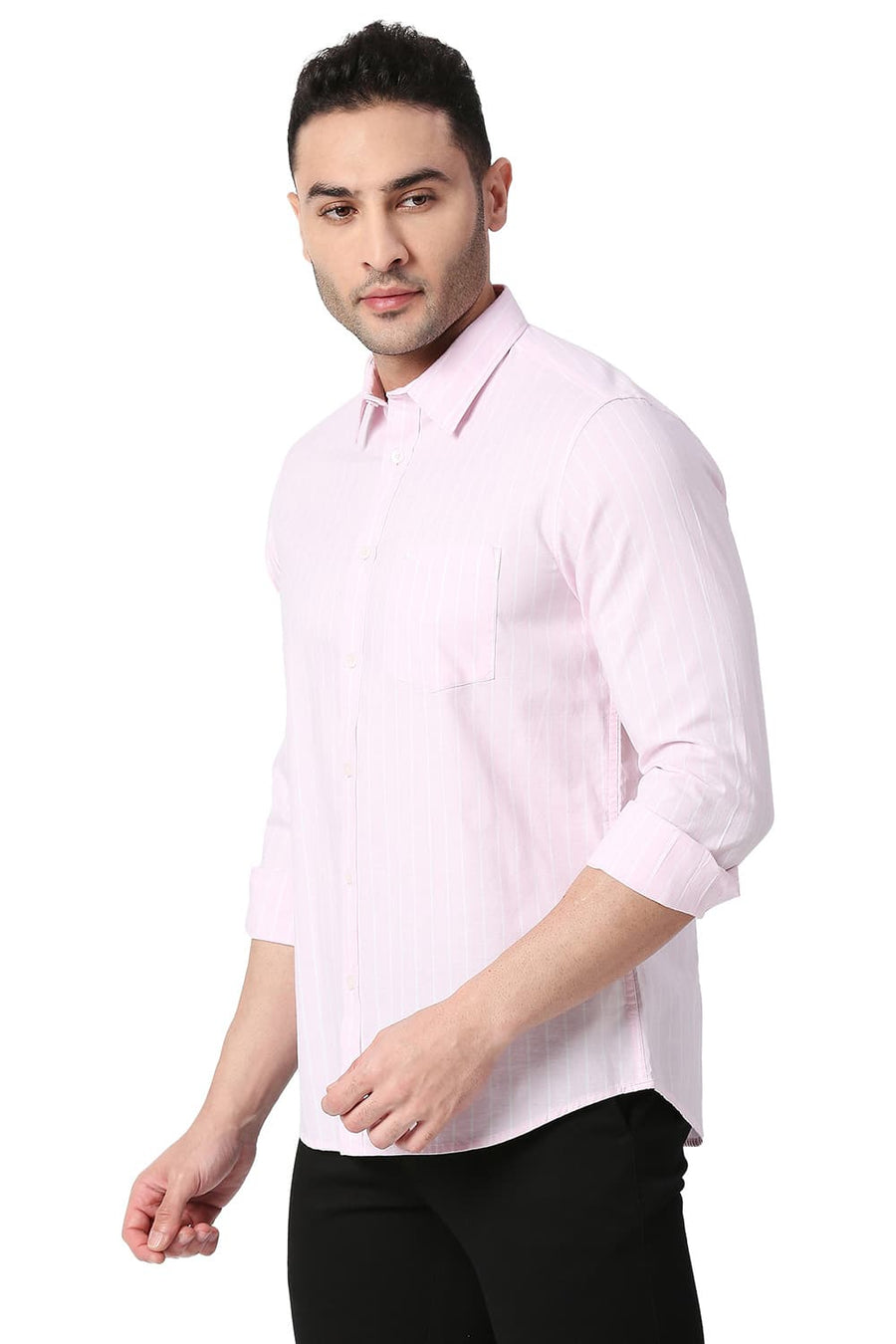 BASICS SLIM FIT PINK MIST COTTON OXFORD STRIPE SHIRT