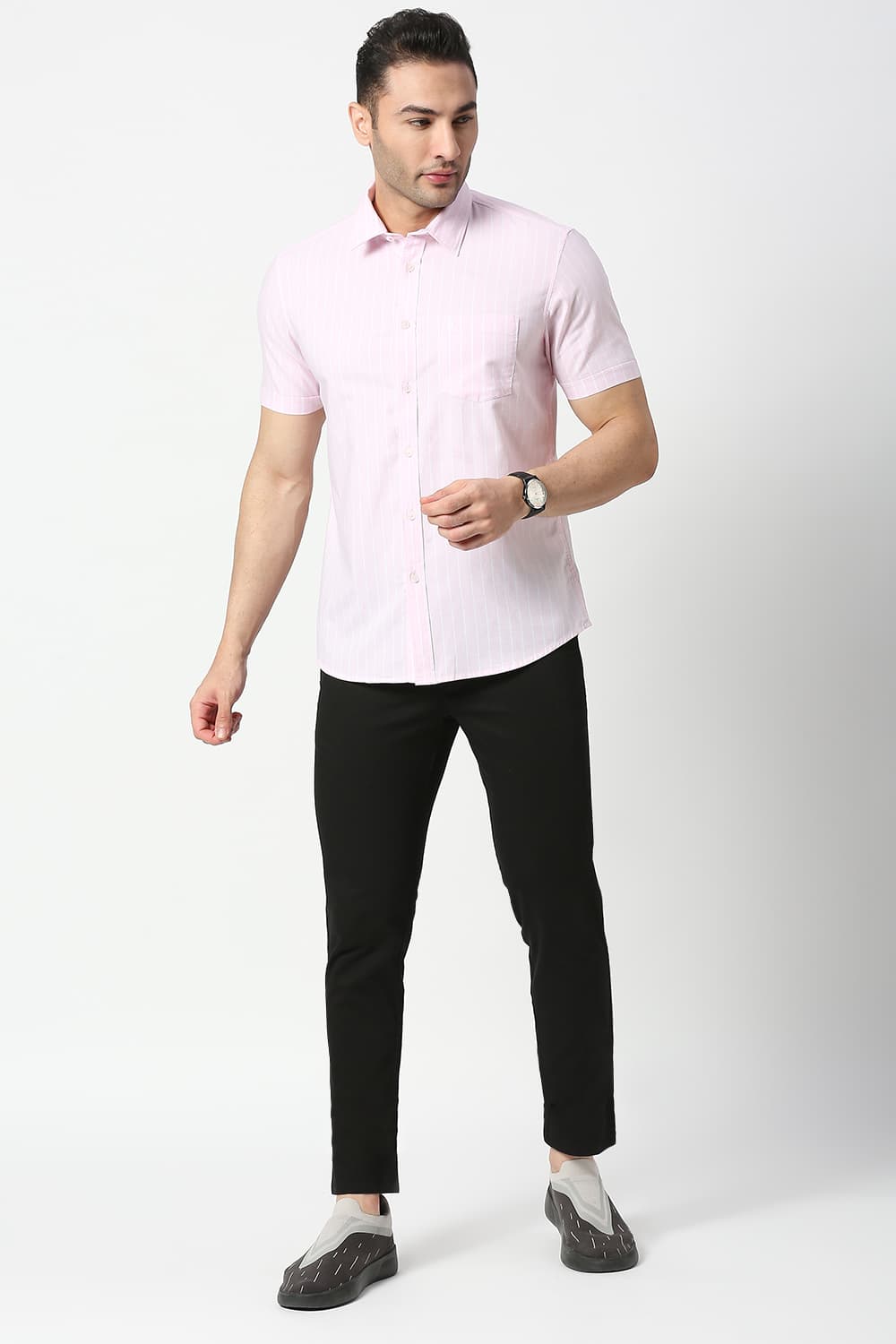 Slim Fit Cotton Oxford Stripe Halfsleeves Shirt