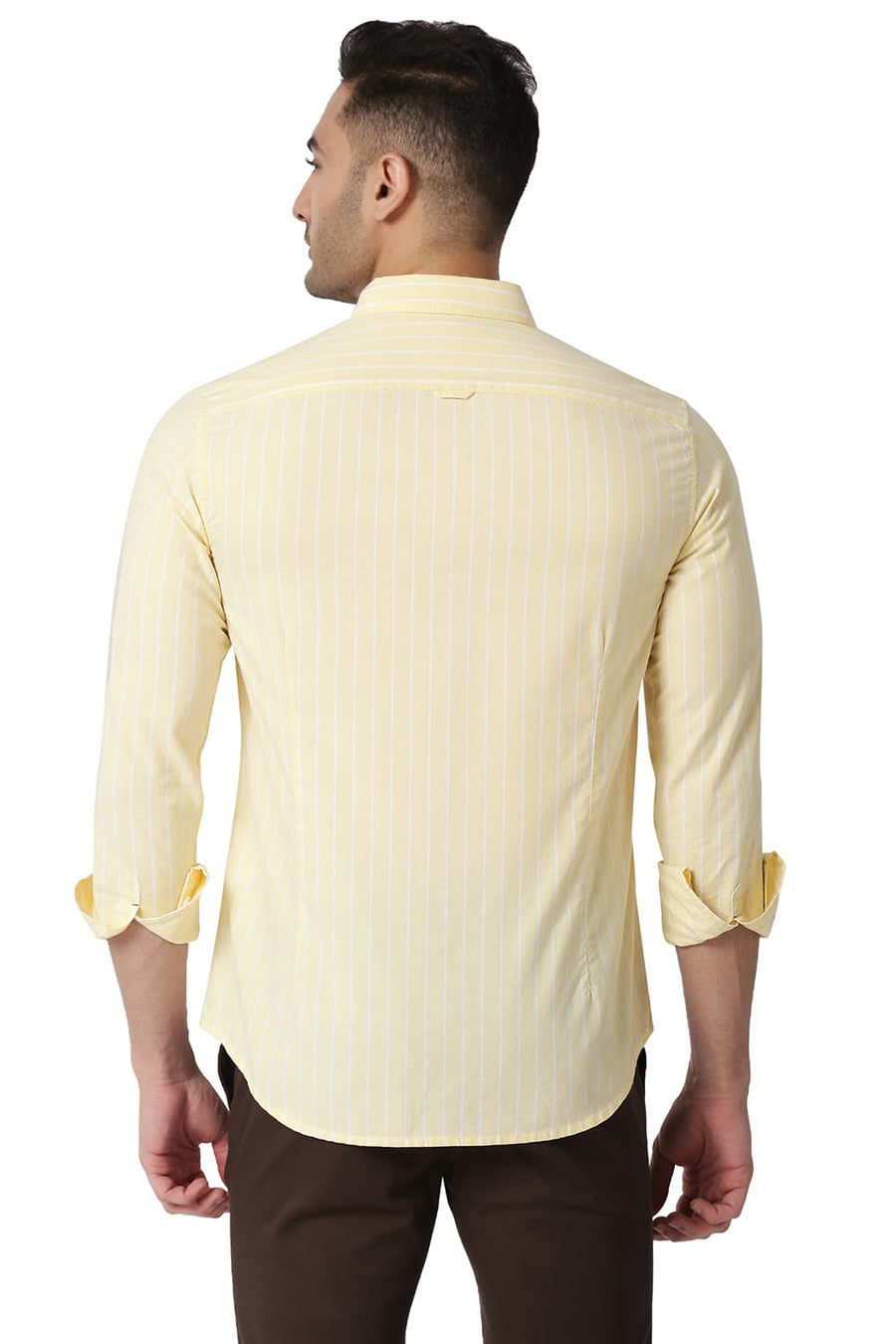 BASICS SLIM FIT FRENCH YELLOW COTTON OXFORD STRIPE SHIRT