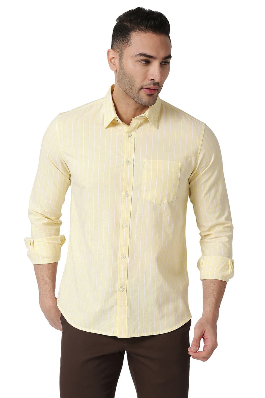 BASICS SLIM FIT FRENCH YELLOW COTTON OXFORD STRIPE SHIRT