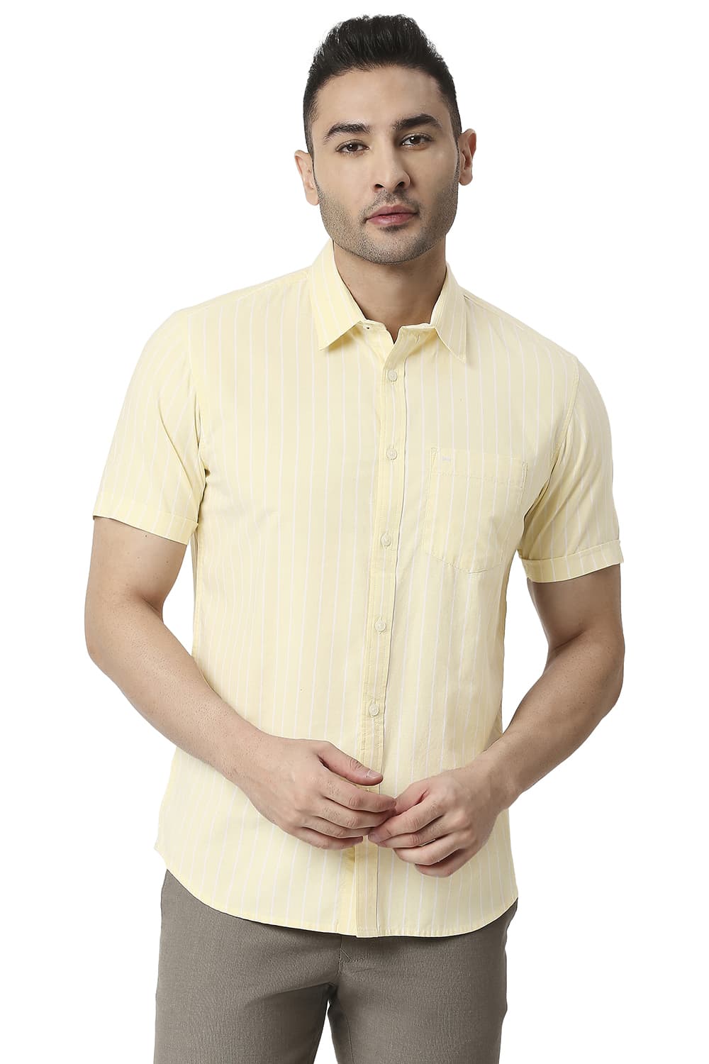 BASICS SLIM FIT COTTON OXFORD STRIPE HALFSLEEVES SHIRT