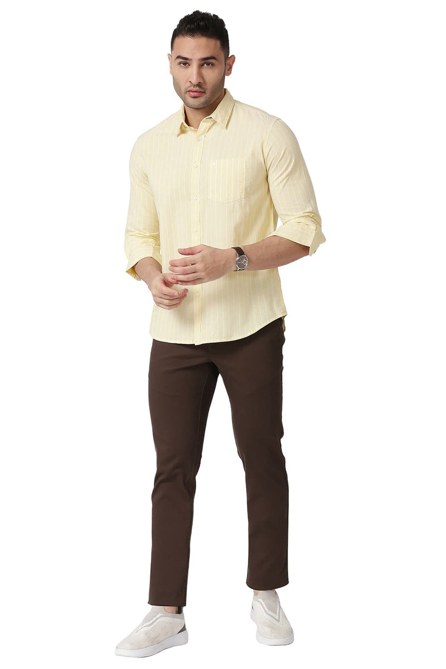 BASICS SLIM FIT FRENCH YELLOW COTTON OXFORD STRIPE SHIRT