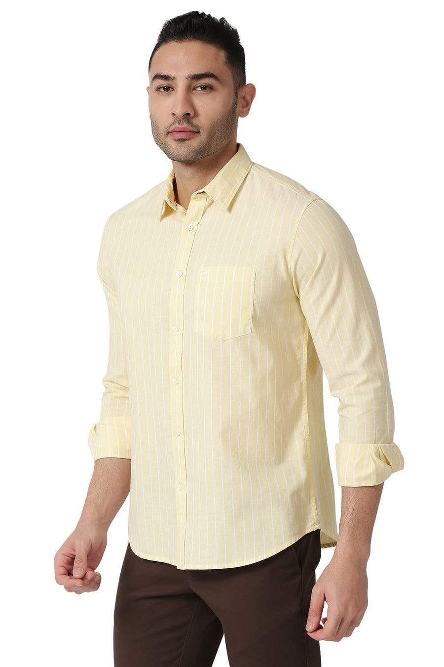 BASICS SLIM FIT FRENCH YELLOW COTTON OXFORD STRIPE SHIRT