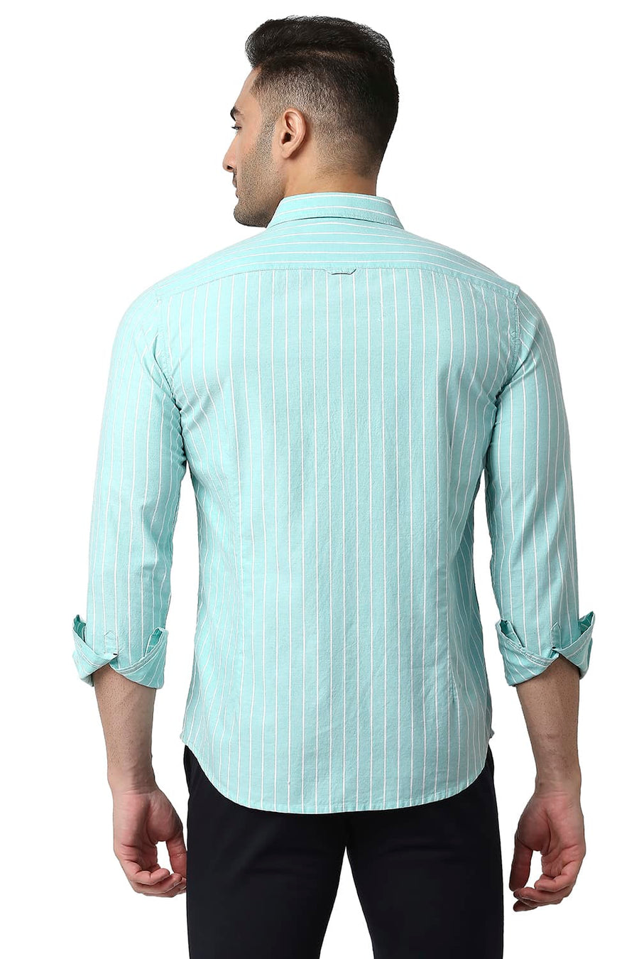 BASICS SLIM FIT MIST GREEN COTTON OXFORD STRIPE SHIRT