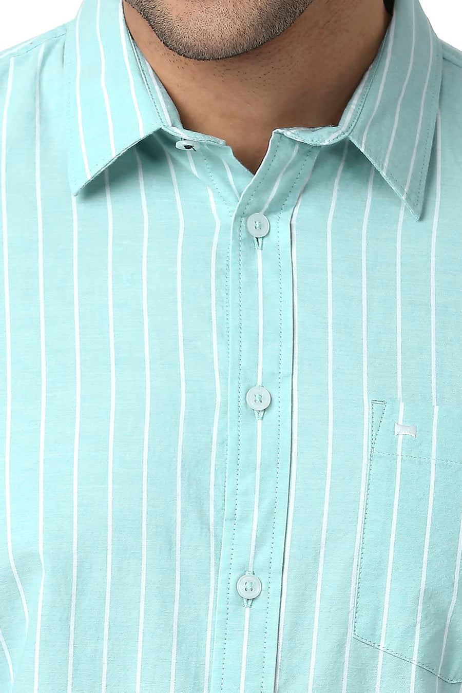 BASICS SLIM FIT MIST GREEN COTTON OXFORD STRIPE SHIRT