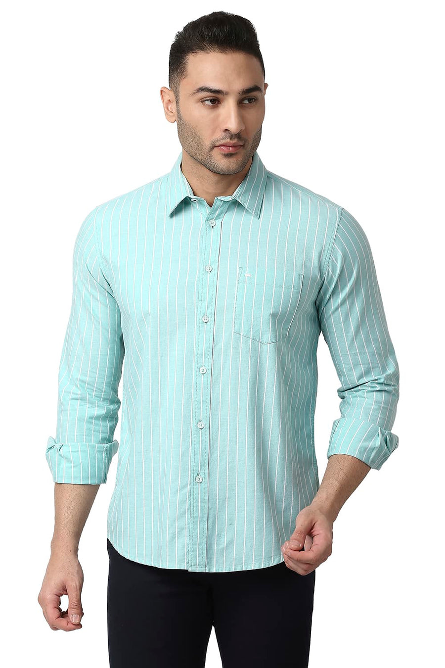 BASICS SLIM FIT MIST GREEN COTTON OXFORD STRIPE SHIRT