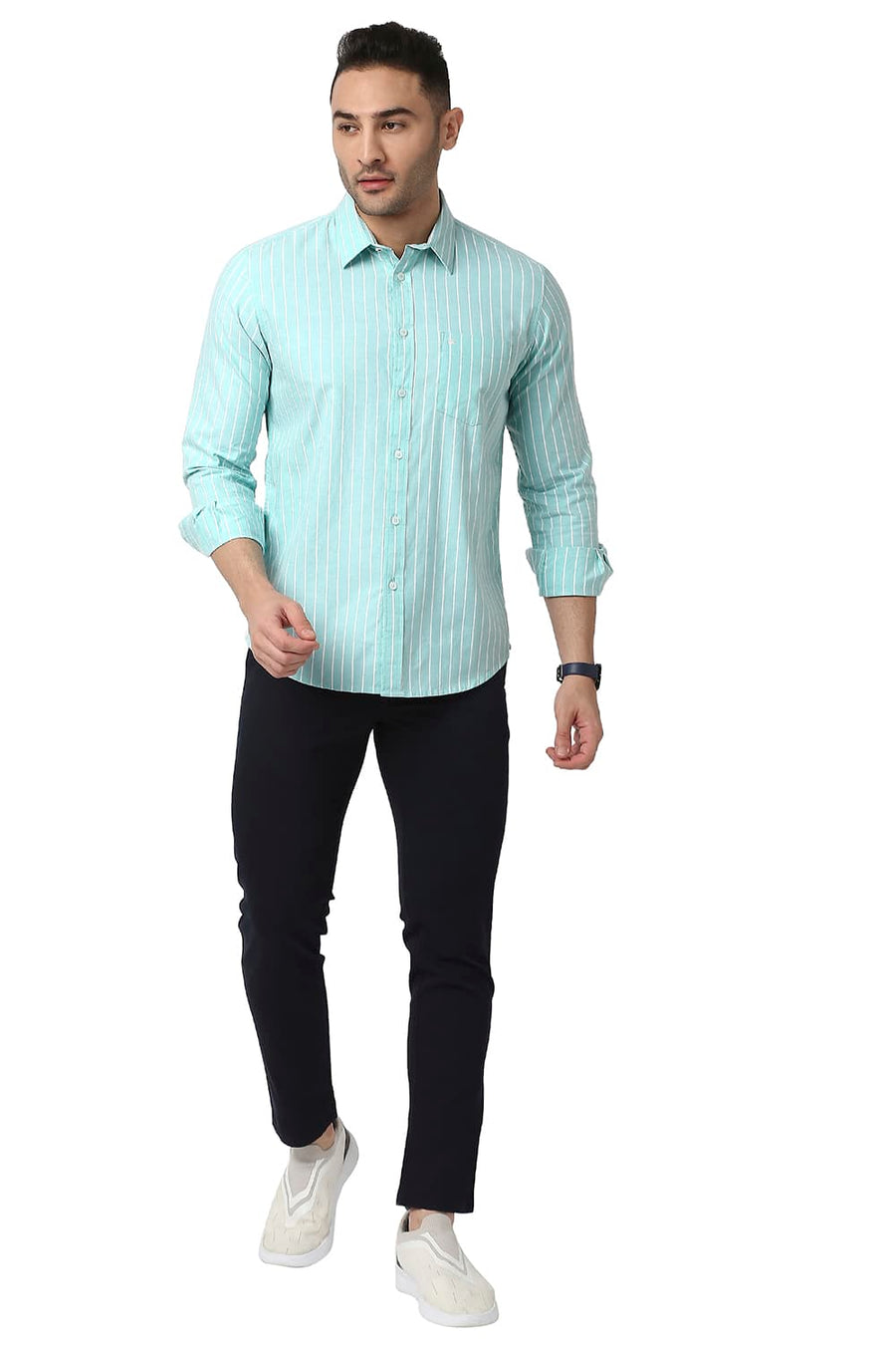BASICS SLIM FIT MIST GREEN COTTON OXFORD STRIPE SHIRT
