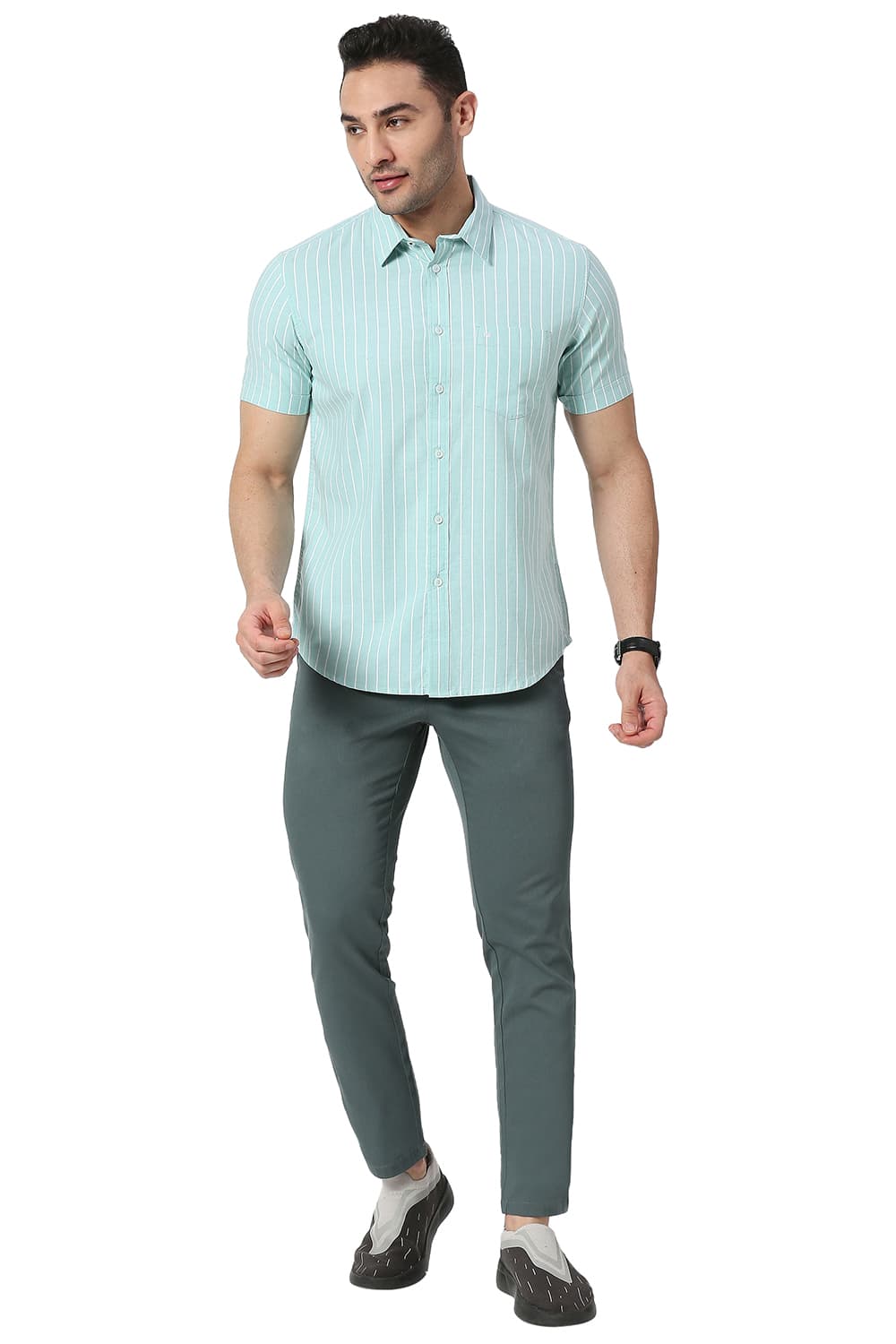 BASICS SLIM FIT COTTON OXFORD STRIPE HALFSLEEVES SHIRT