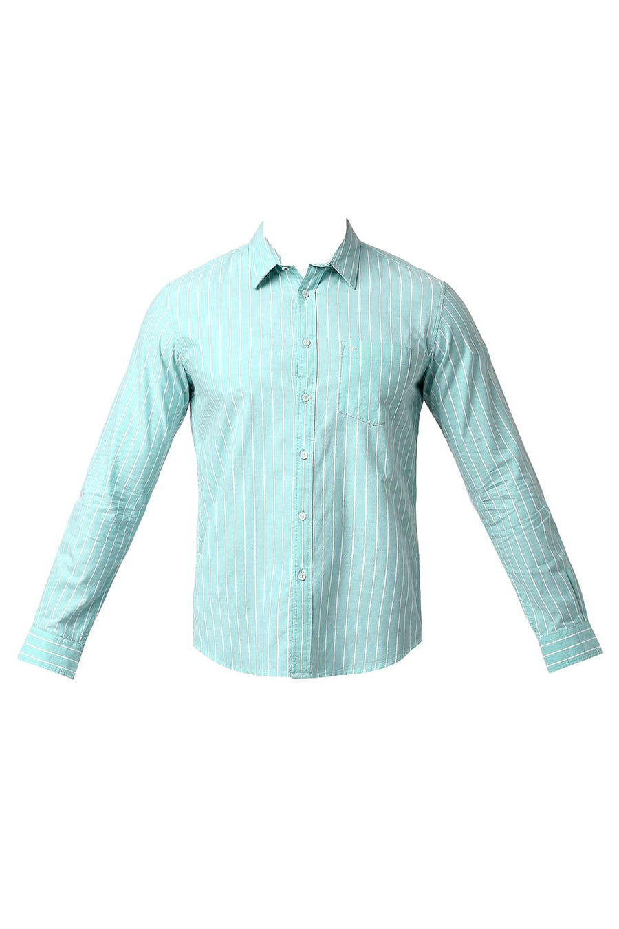BASICS SLIM FIT MIST GREEN COTTON OXFORD STRIPE SHIRT