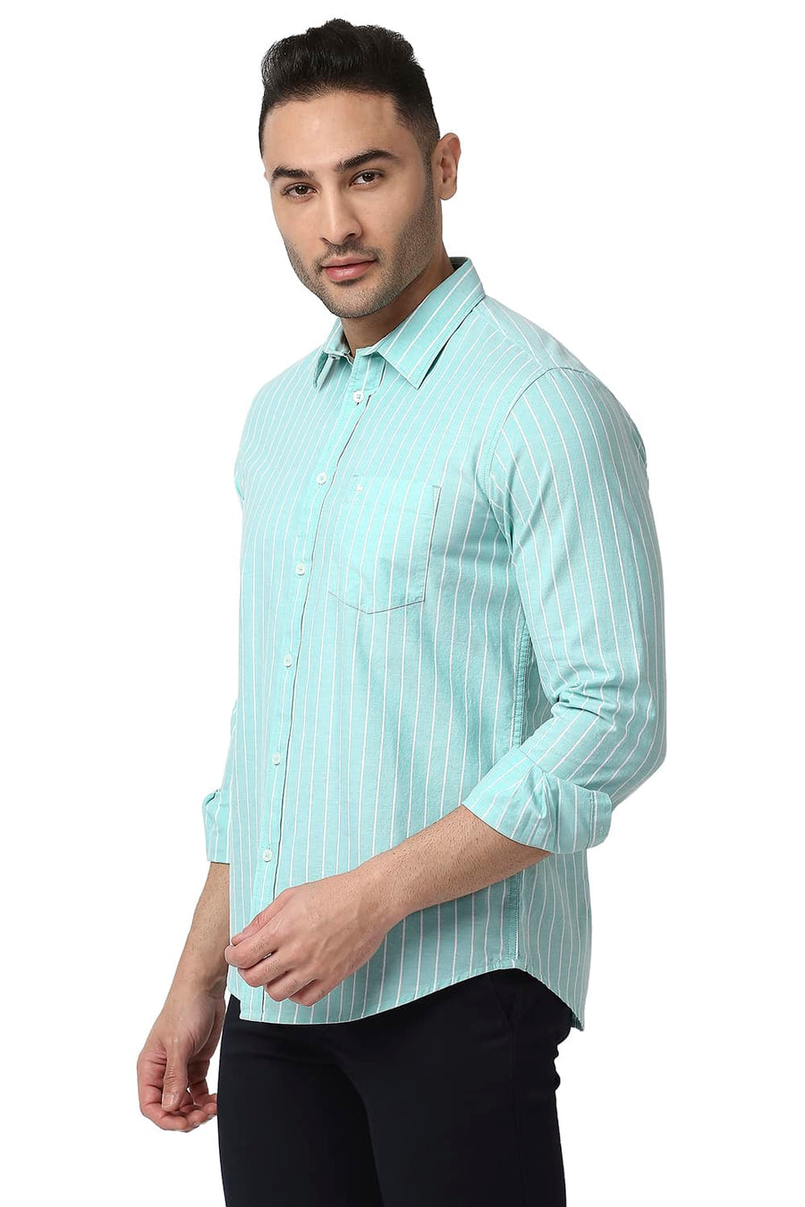 BASICS SLIM FIT MIST GREEN COTTON OXFORD STRIPE SHIRT