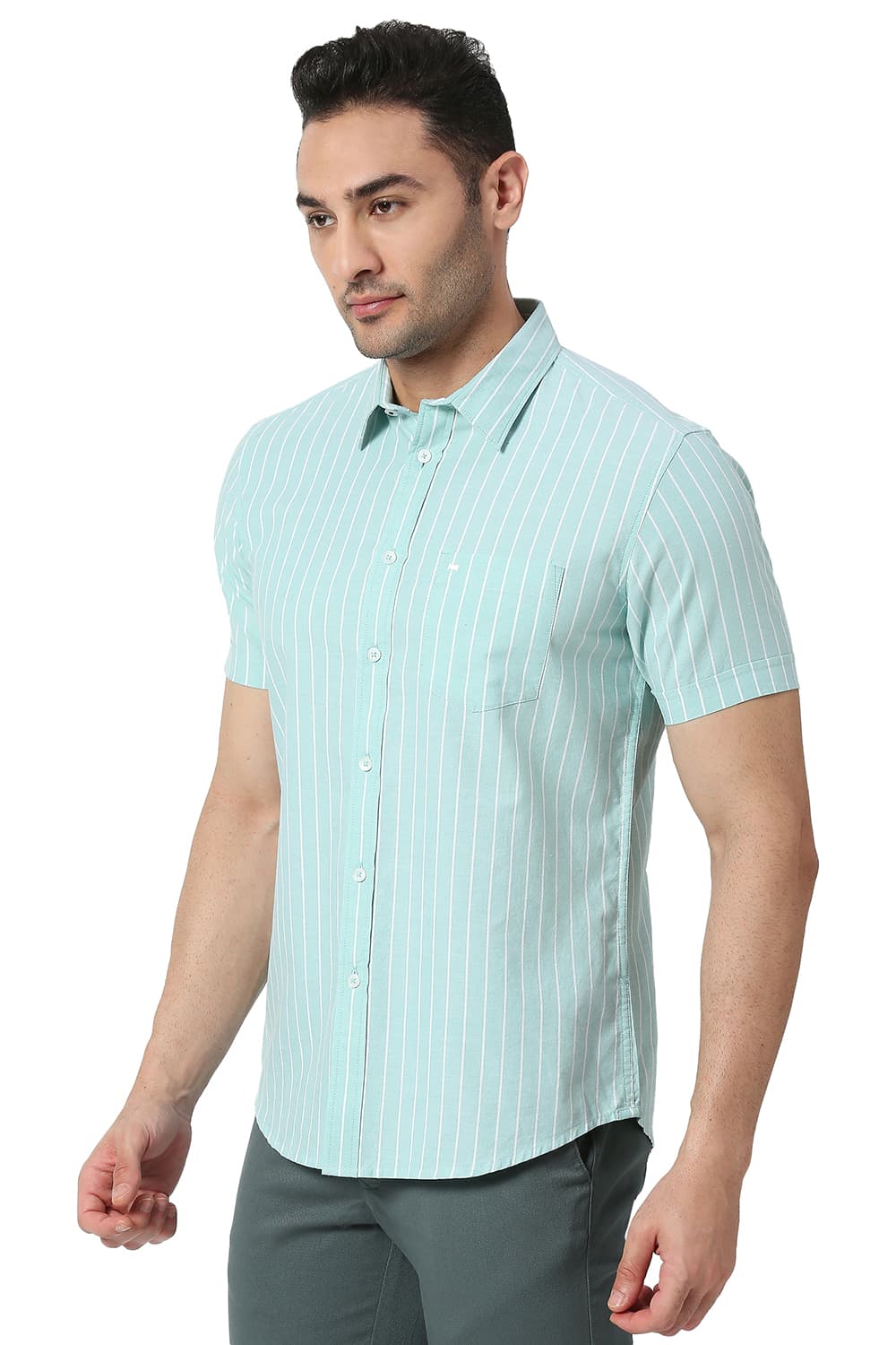 BASICS SLIM FIT COTTON OXFORD STRIPE HALFSLEEVES SHIRT