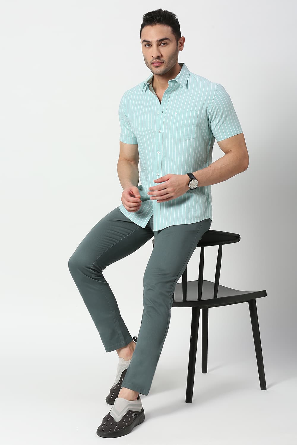 Slim Fit Cotton Oxford Stripe Halfsleeves Shirt