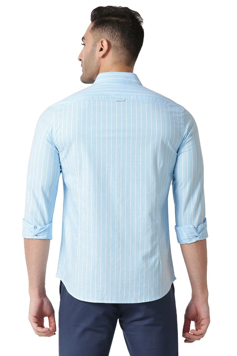 BASICS SLIM FIT CRYSTAL BLUE COTTON OXFORD STRIPE SHIRT