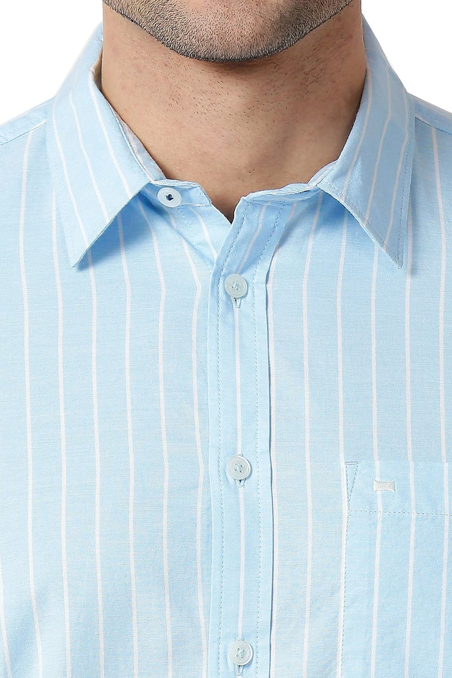 BASICS SLIM FIT CRYSTAL BLUE COTTON OXFORD STRIPE SHIRT
