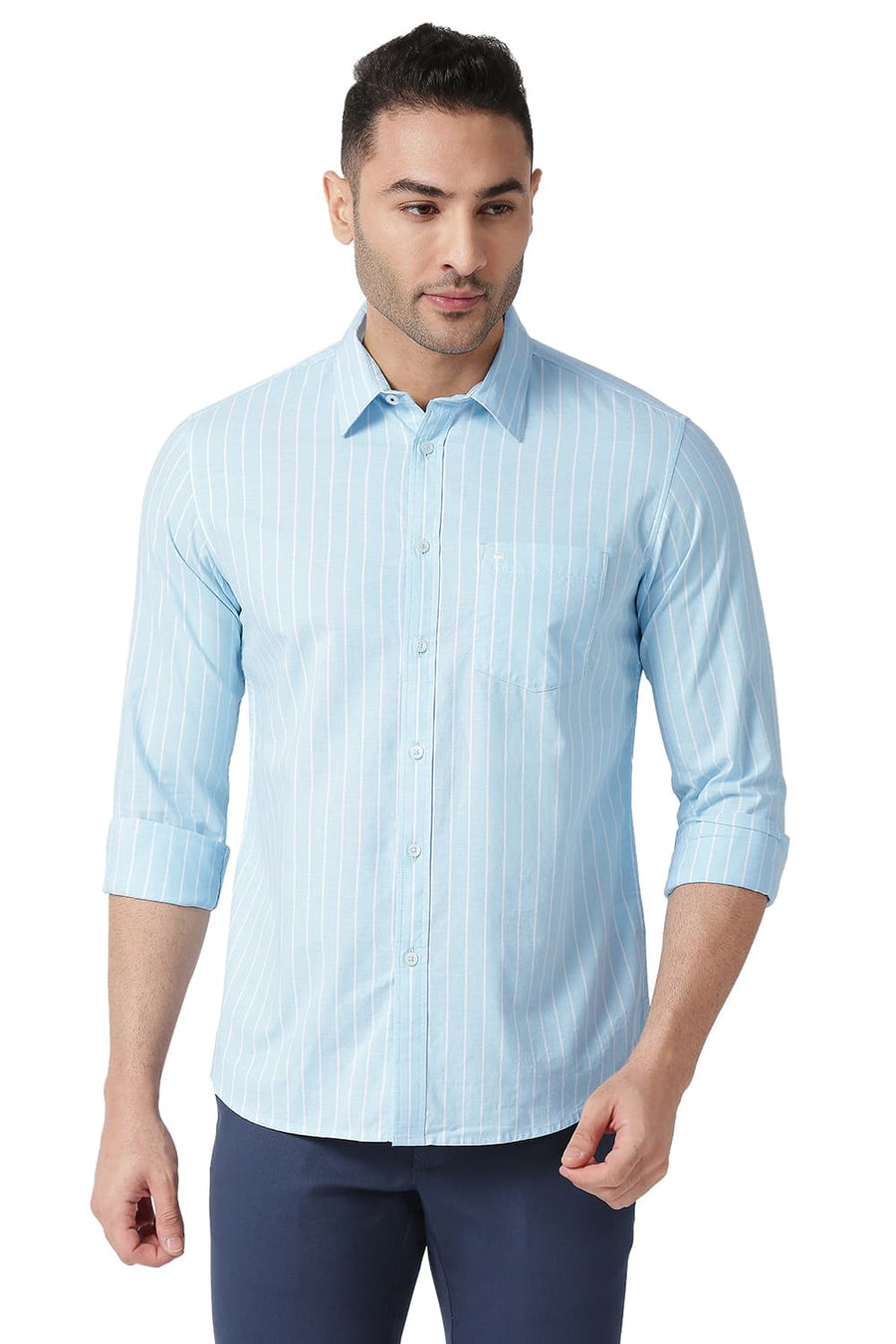 BASICS SLIM FIT CRYSTAL BLUE COTTON OXFORD STRIPE SHIRT