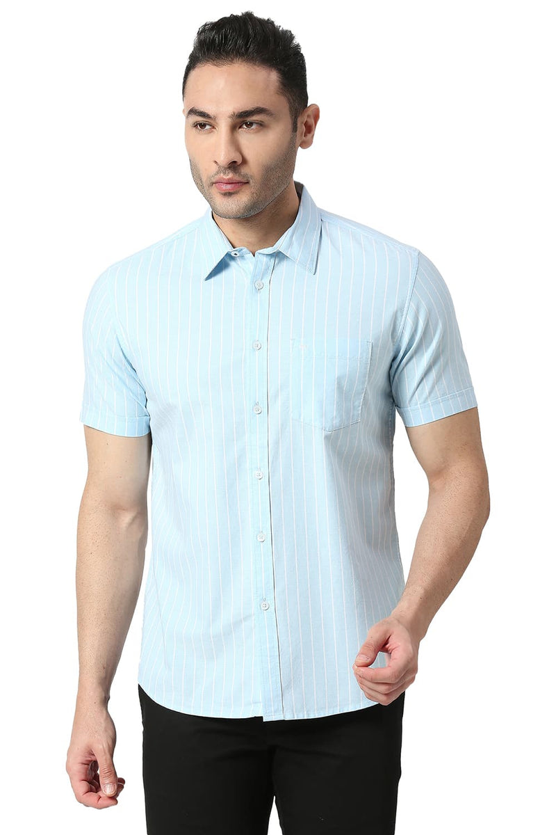 BASICS SLIM FIT COTTON OXFORD STRIPE HALFSLEEVES SHIRT