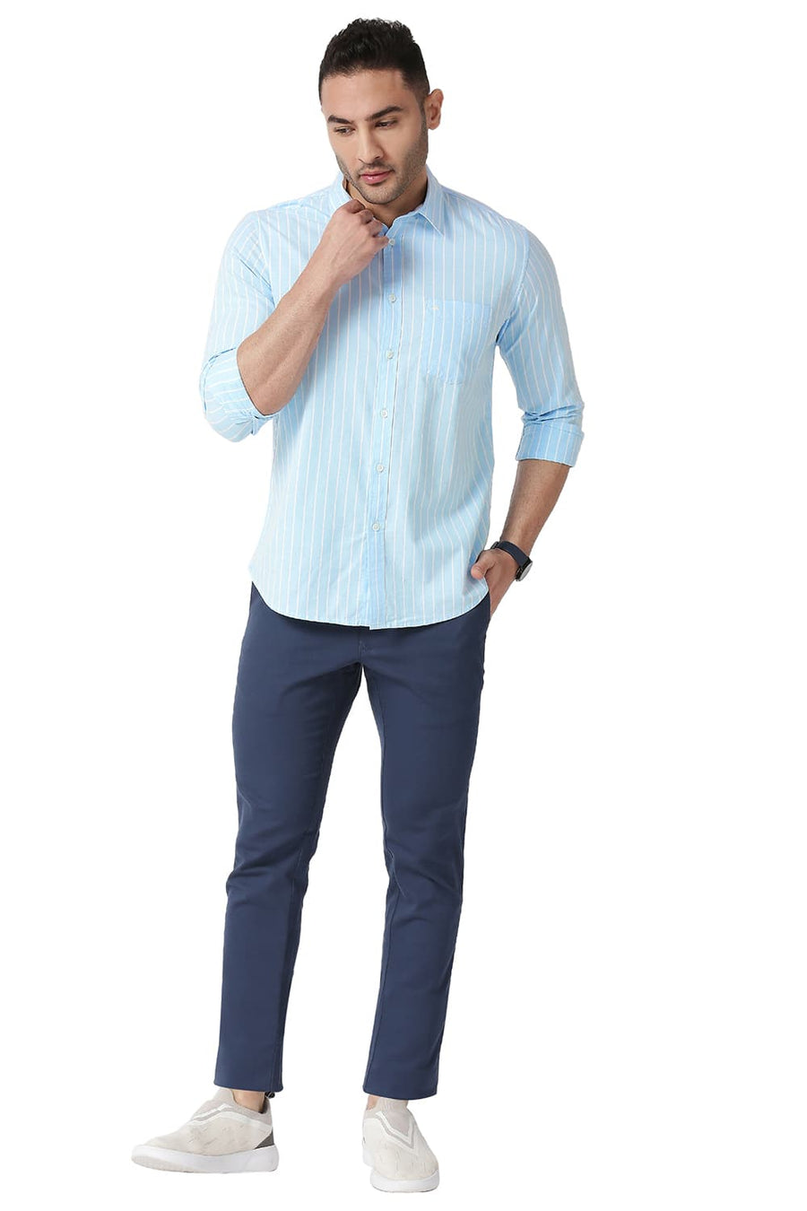 BASICS SLIM FIT CRYSTAL BLUE COTTON OXFORD STRIPE SHIRT