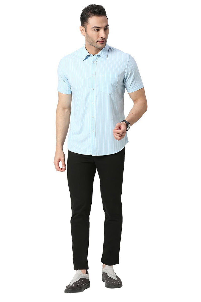 BASICS SLIM FIT COTTON OXFORD STRIPE HALFSLEEVES SHIRT