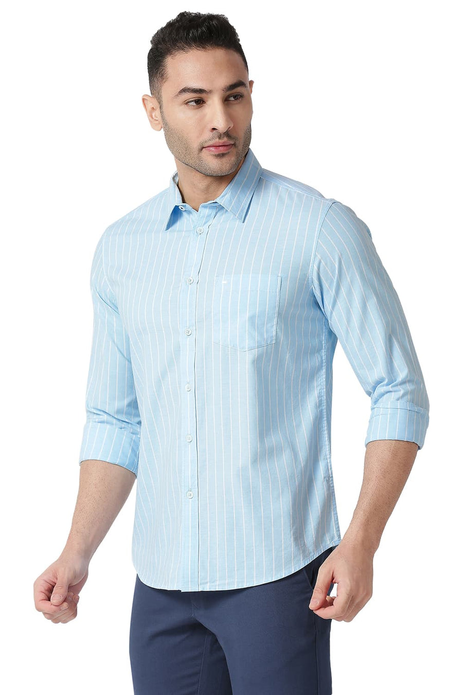 BASICS SLIM FIT CRYSTAL BLUE COTTON OXFORD STRIPE SHIRT