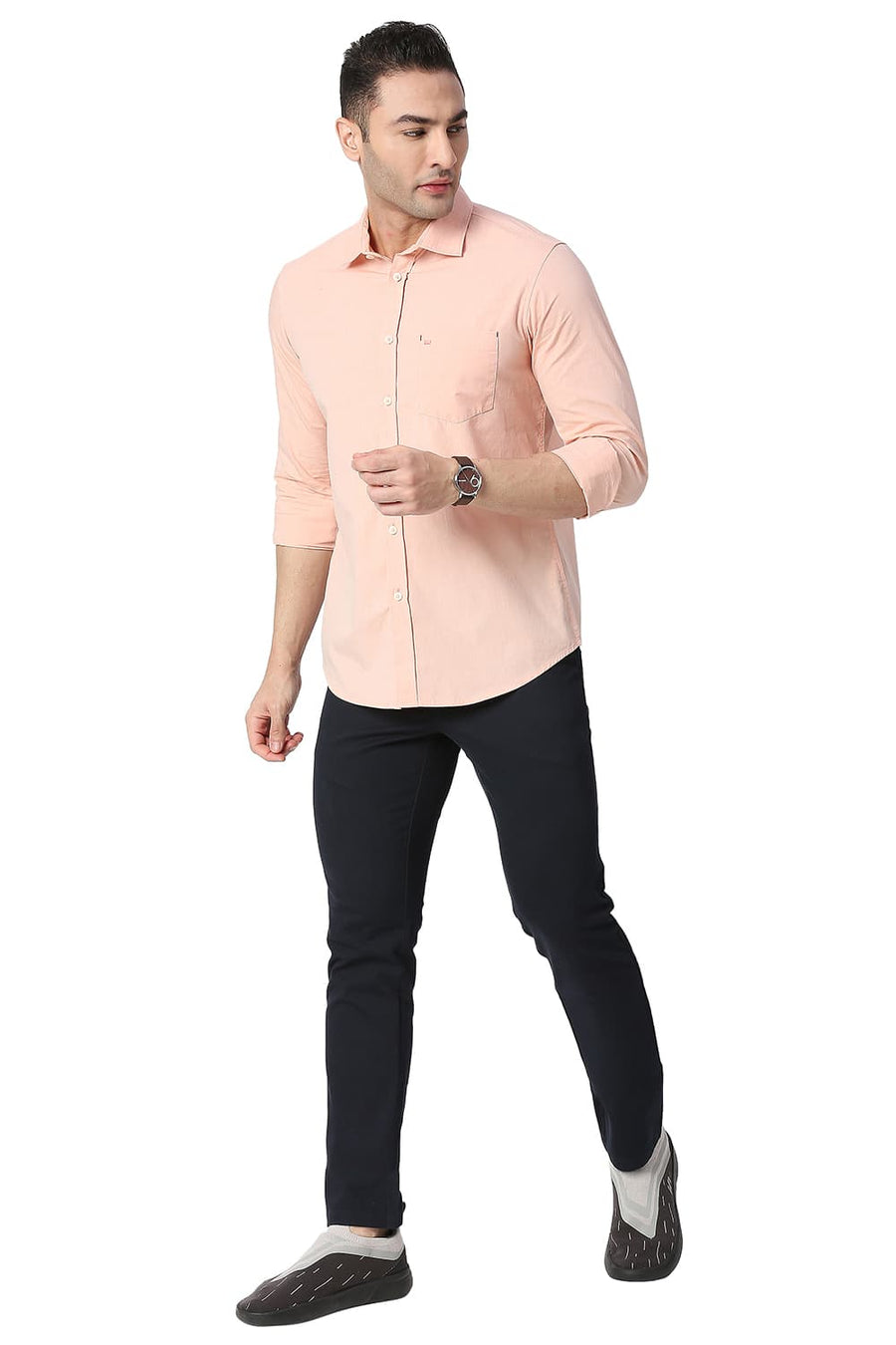 BASICS SLIM FIT SALMON ORANGE COTTON FIL-A-FIL SHIRT