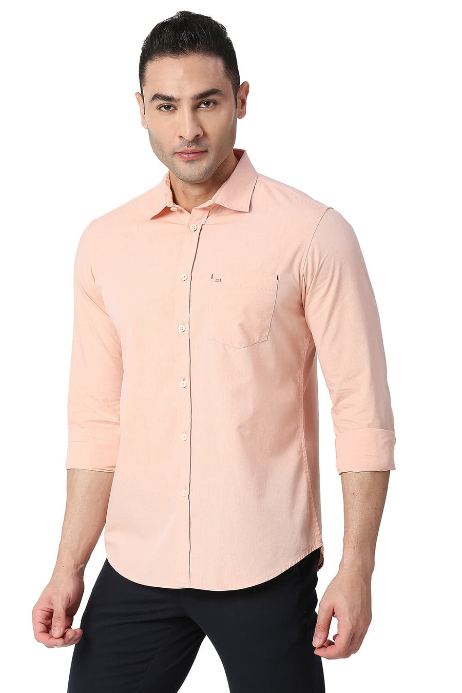 BASICS SLIM FIT SALMON ORANGE COTTON FIL-A-FIL SHIRT