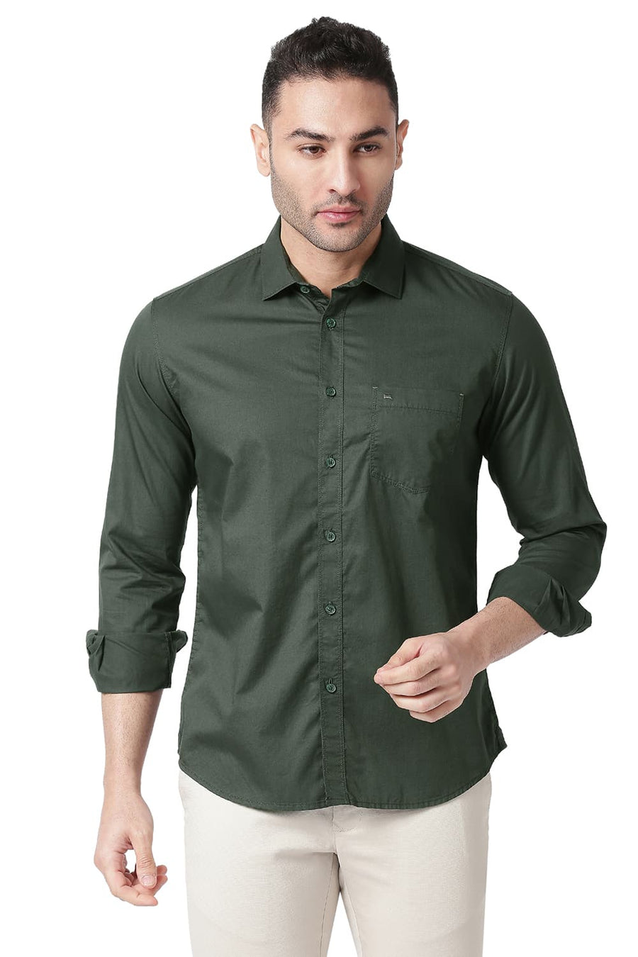BASICS SLIM FIT SCARAB GREEN COTTON TWILL SHIRT