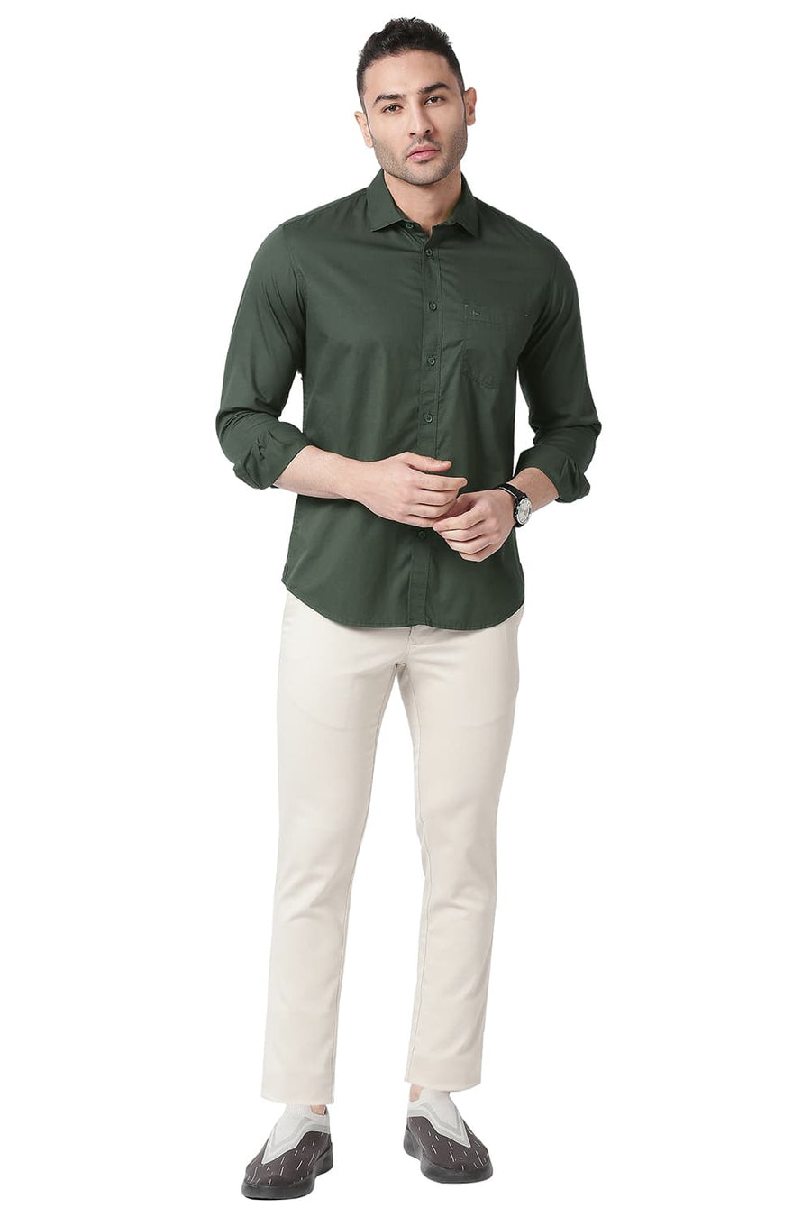 BASICS SLIM FIT SCARAB GREEN COTTON TWILL SHIRT