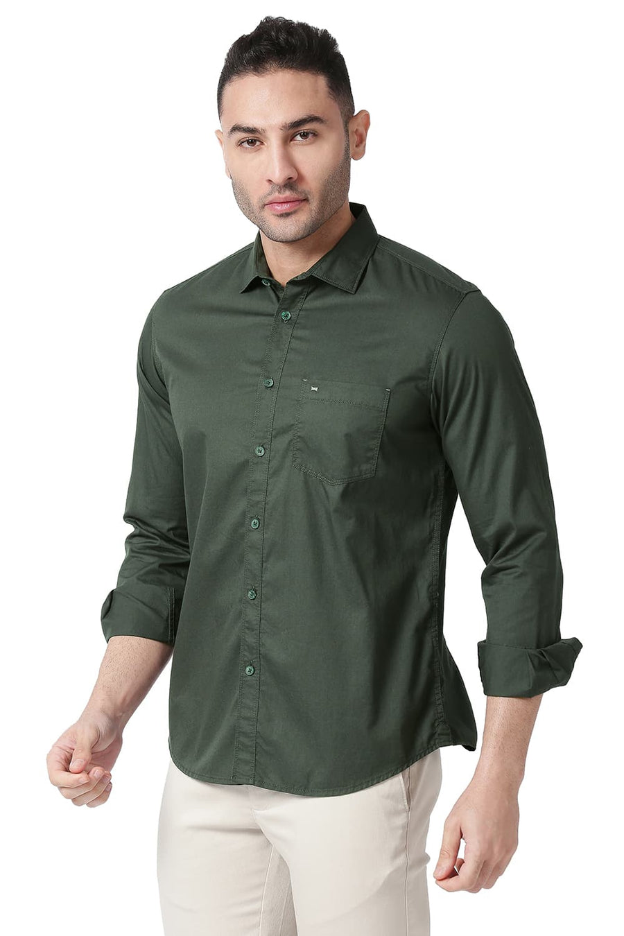 BASICS SLIM FIT SCARAB GREEN COTTON TWILL SHIRT