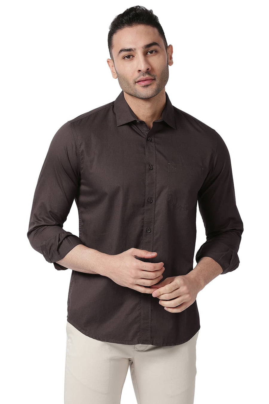 BASICS SLIM FIT FRENCH BROWN COTTON TWILL SHIRT