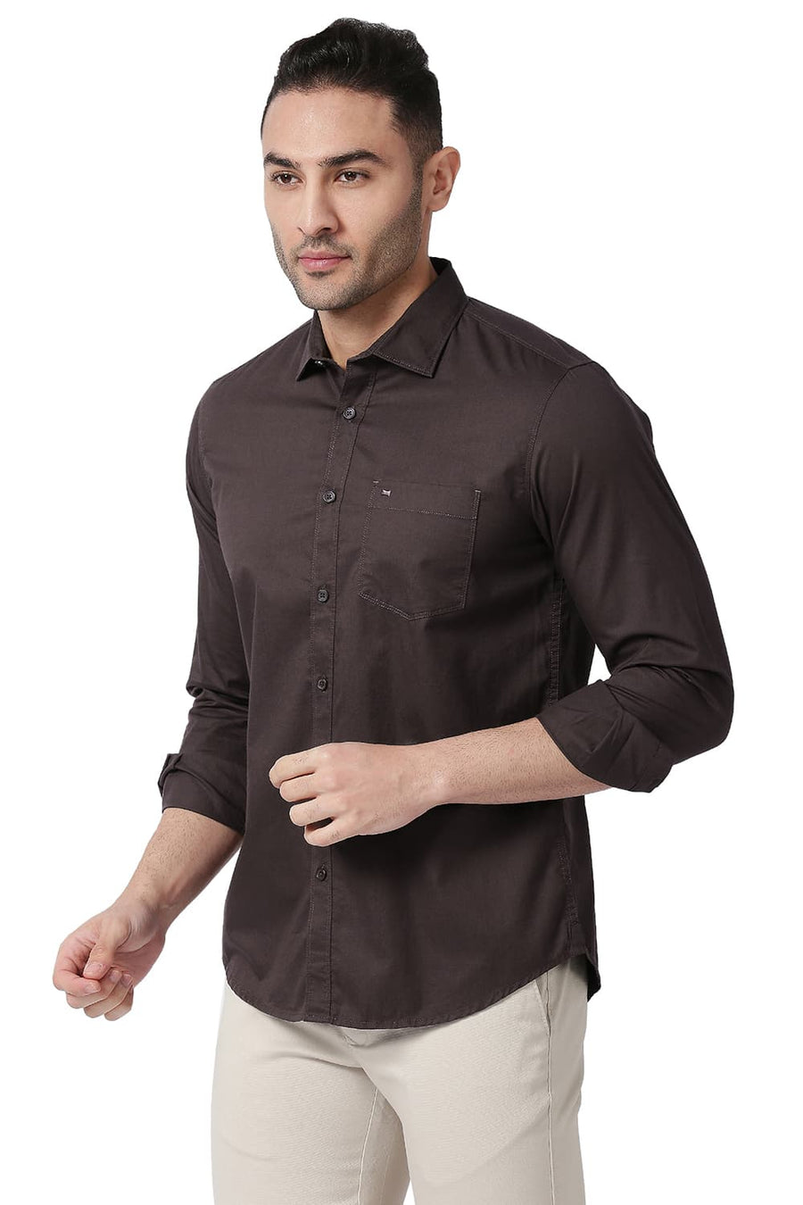 BASICS SLIM FIT FRENCH BROWN COTTON TWILL SHIRT