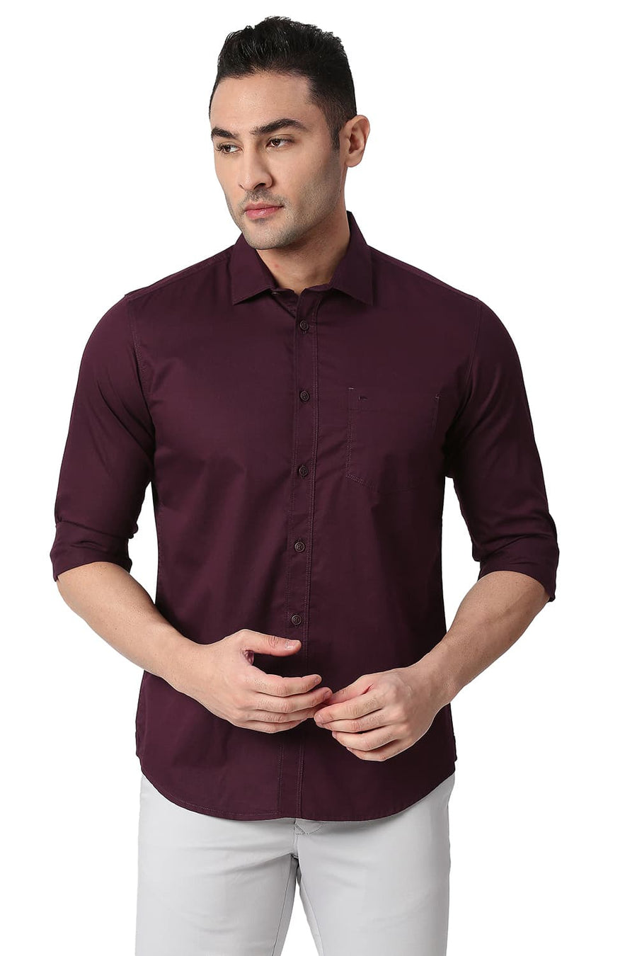 BASICS SLIM FIT BITTER WINE COTTON TWILL SHIRT