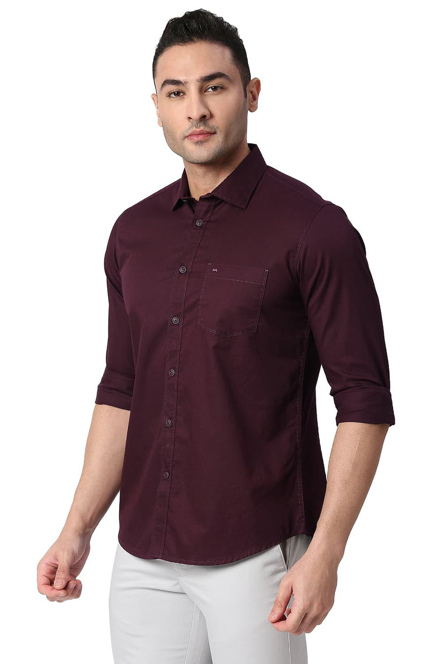 BASICS SLIM FIT BITTER WINE COTTON TWILL SHIRT