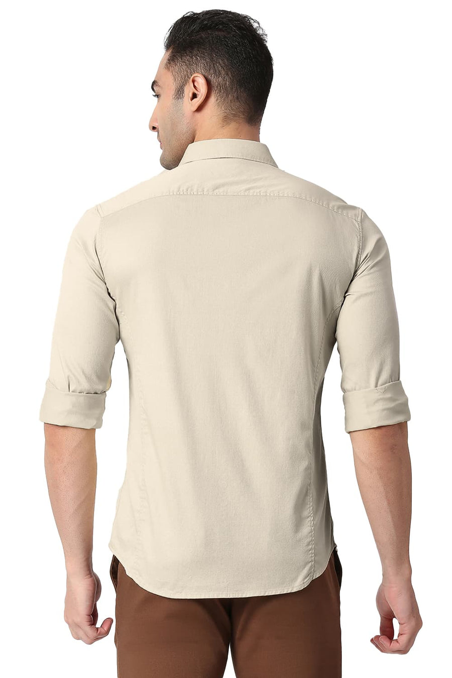 BASICS SLIM FIT SEA MUST BEIGE COTTON DOBBY SHIRT