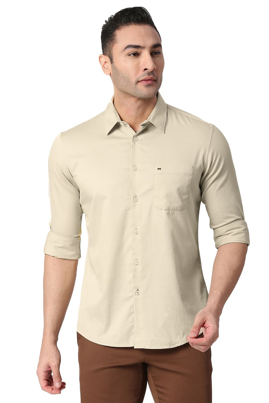 BASICS SLIM FIT SEA MUST BEIGE COTTON DOBBY SHIRT