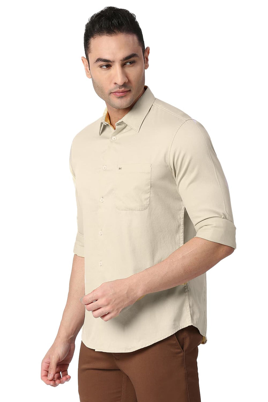 BASICS SLIM FIT SEA MUST BEIGE COTTON DOBBY SHIRT